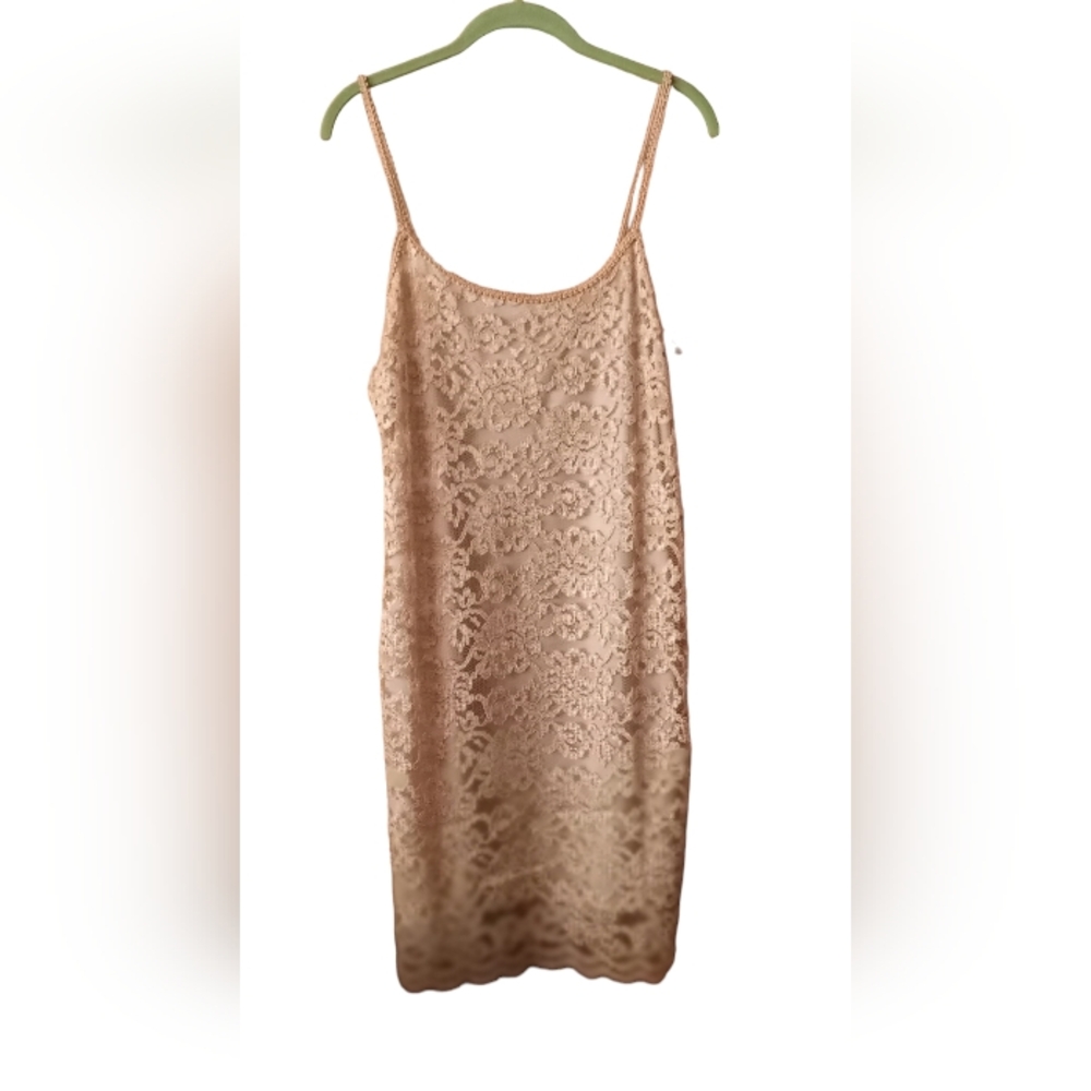 Vintage Carol Malony 80's Gold Lace Floral Print Lined Chemise Slip Dress Large